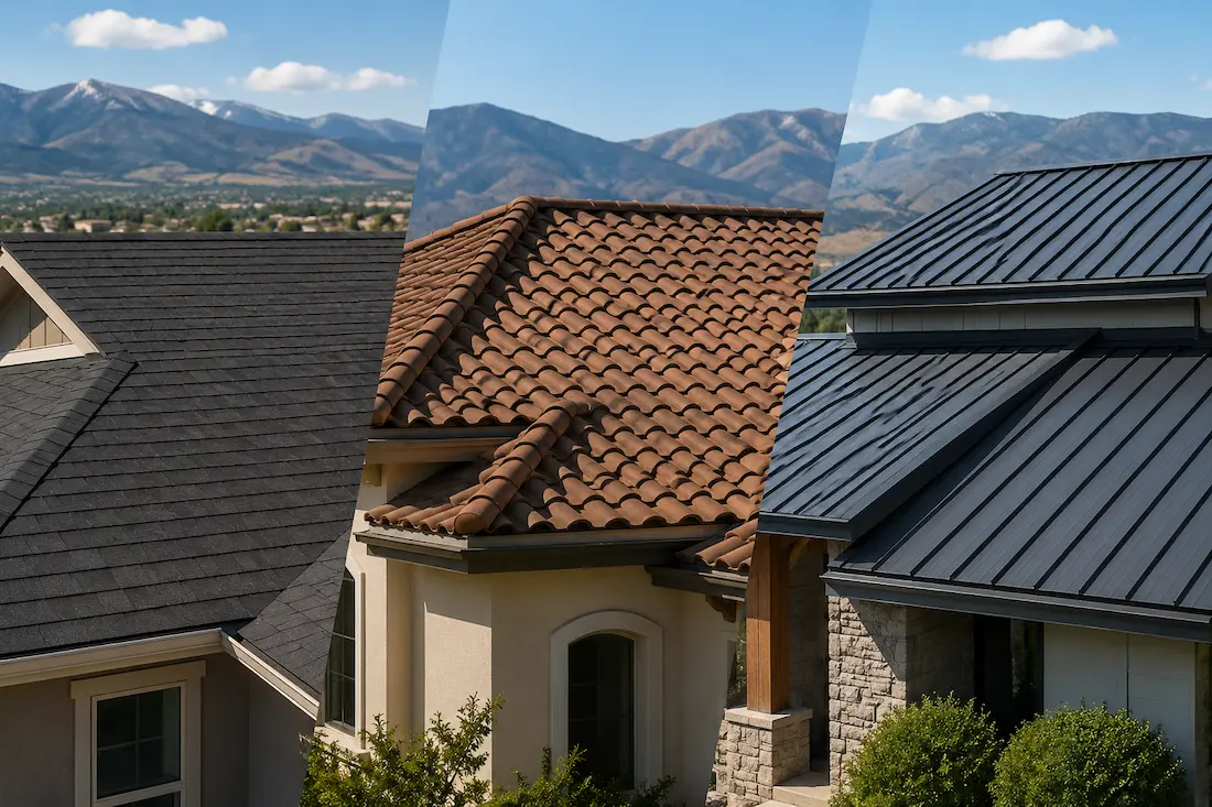 Different residential roofing materials on homes in Reno Nevada including asphalt shingles, concrete tile, and metal roofing