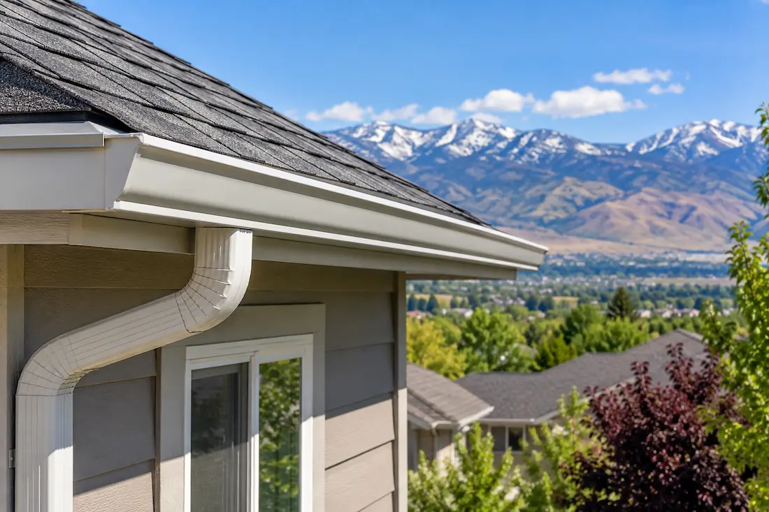 Residential gutter system on a home in Reno Nevada maintained to help prevent roof and water damage