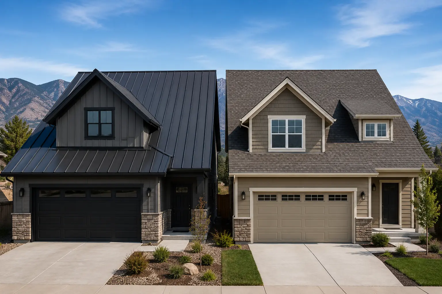 Metal roof and asphalt shingle roof comparison on homes in Reno Nevada