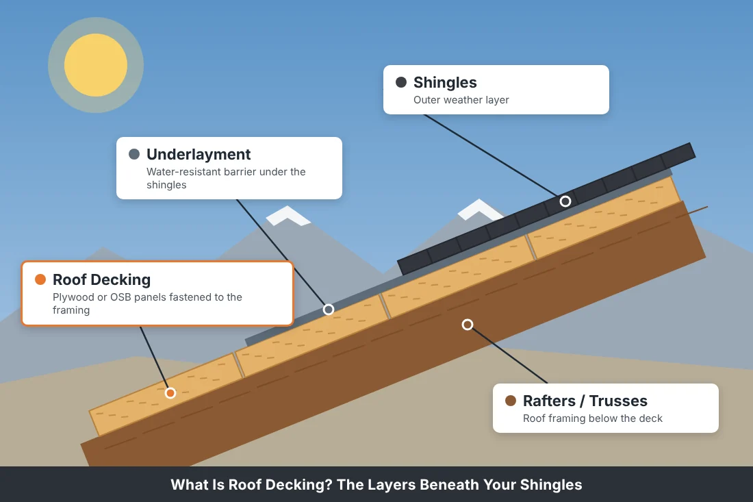 Diagram of a Reno Nevada roof showing the roof decking layer between the rafters, underlayment, and shingles