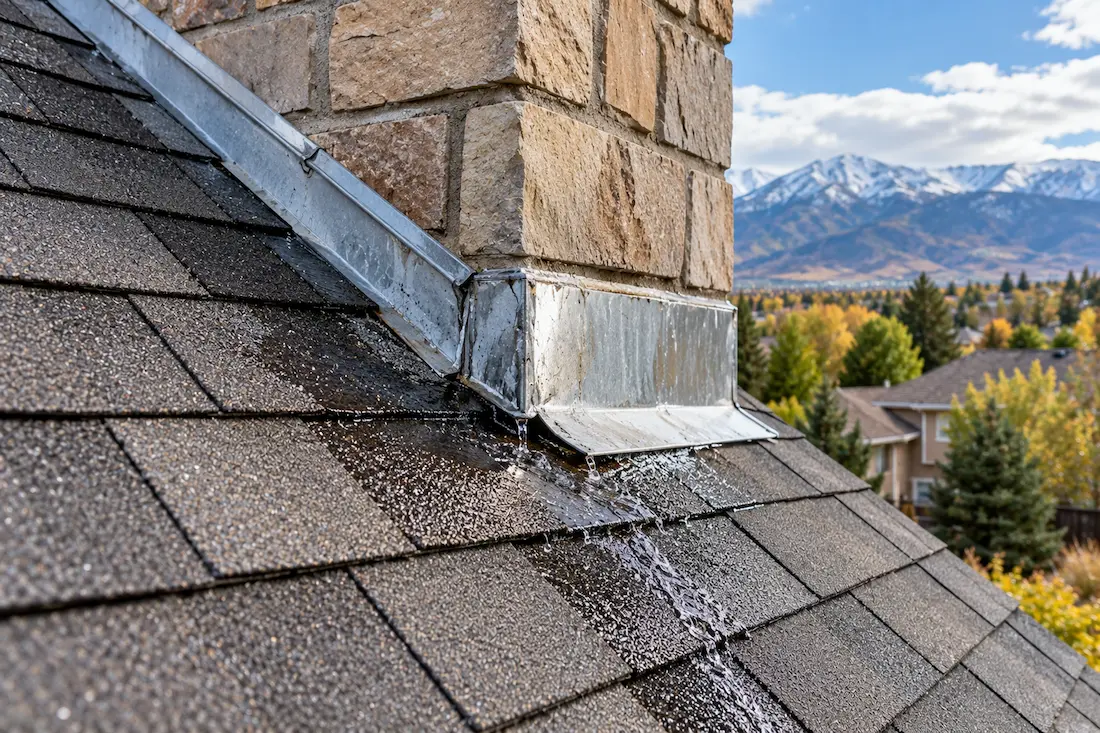 Roof flashing around a residential roof showing an area where water leakage may occur in Reno Nevada