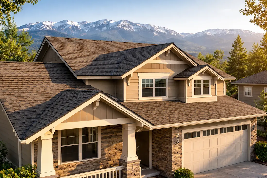 Residential roof on a home in Reno Nevada showing typical asphalt shingle roofing