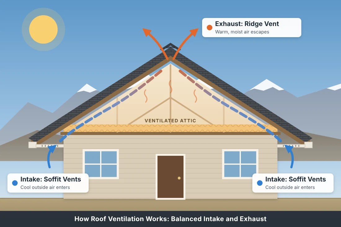 Diagram of attic ventilation on a Reno Nevada home showing soffit intake vents and a ridge exhaust vent