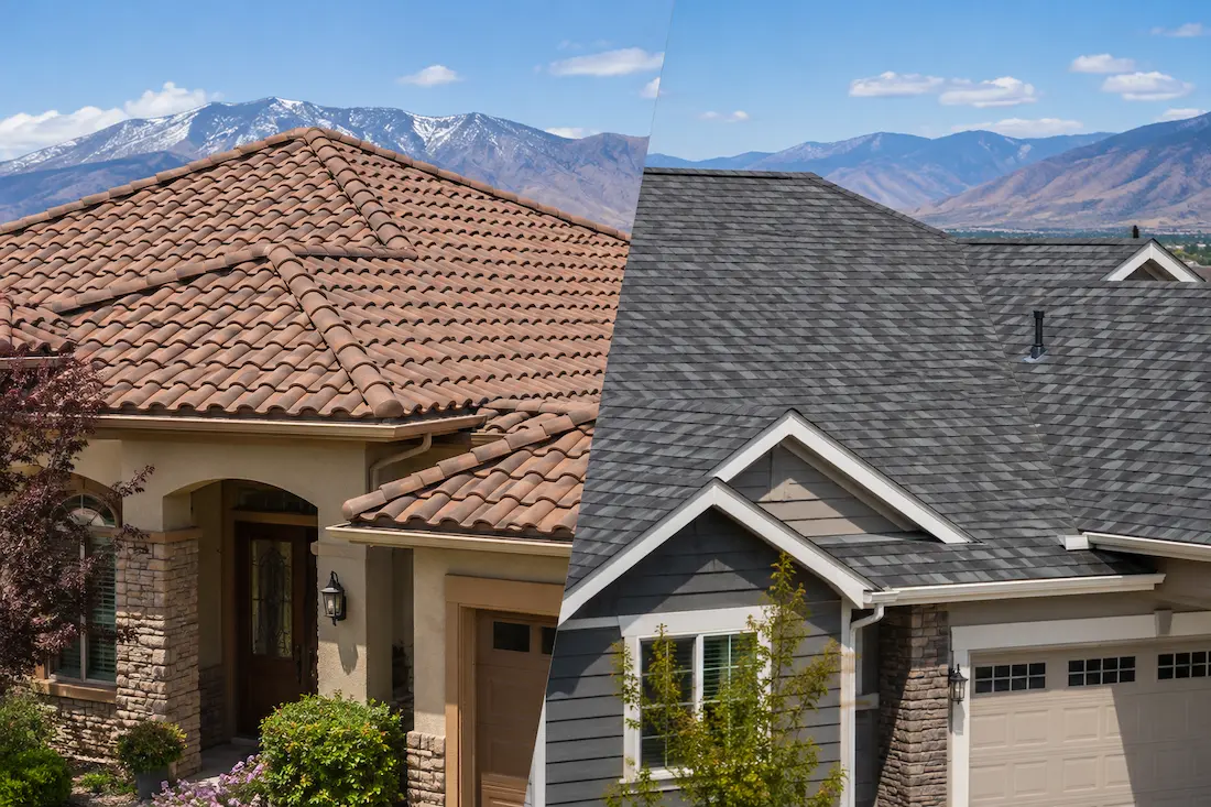 Concrete tile roof next to an asphalt shingle roof on neighboring homes in Reno Nevada