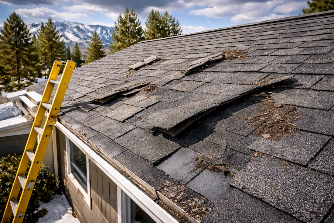 Wind damaged shingles on a residential roof in Reno NV after a storm
